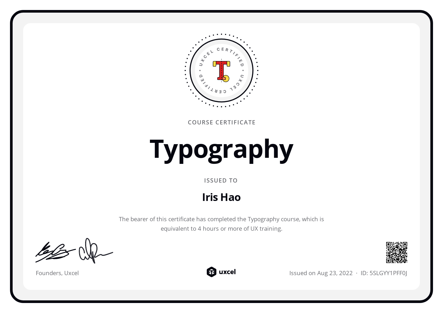 Iris Hao's certificate
